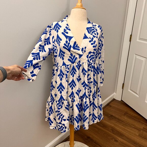 Zara Blue White Bold Print Tiered Swing Dress Sz M - Picture 2 of 11
